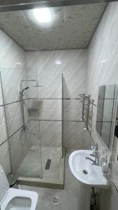 a bathroom with a shower and a sink and a toilet at Bahrom Boutique Hotel in Khiva