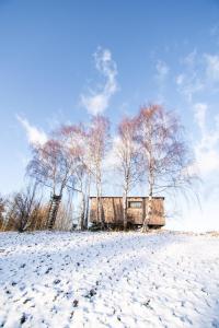 a building in a snow covered field with two trees at Maringotka pod Smrkem in Nové Město pod Smrkem +3 photos