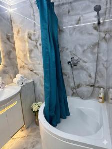 a bathroom with a shower with a blue shower curtain at Main Street House in Chişinău