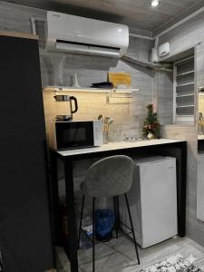 a kitchen with a counter with a microwave and a stove at Main Street House in Chişinău