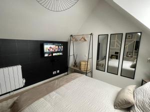 a bedroom with a bed and a tv on the wall at Appartement proche Zenith & Polyclinique in Nantes