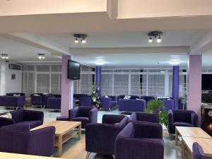 a waiting room with purple chairs and a tv at Hotel RIVA in Golden Sands