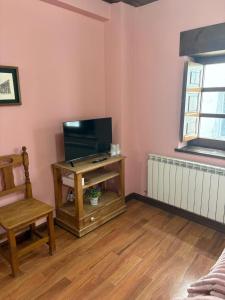 a living room with a tv and a chair at La Carbonería in Béjar +3 photos