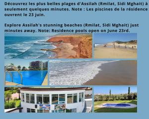 a collage of pictures of the beaches and water at Atlantique Assilah Vue Mer, Piscines, Clim & Wi-Fi in Asilah
