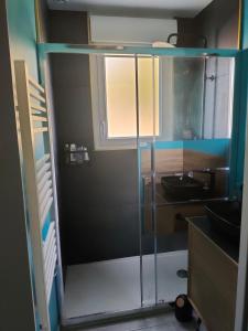 a bathroom with a glass shower and a sink at TyCoCoon in Lannion +11 photos