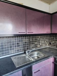 a kitchen with a sink and purple cabinets at Gröningen in Gröningen
