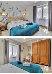 a bedroom with a bed with a blue blanket at Le Tigîte B&B entrée privée-petit déj-linge inclus in Allaire