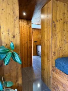 a room with a wooden wall with a bed in it at Za kovárnou in Zděchov