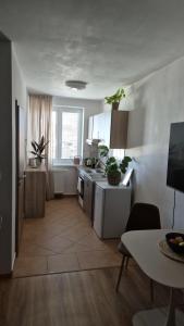 a small kitchen with a table and a kitchen with a tableablish at Cozy Apartment - Netflix & Free parking in Žilina