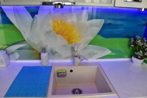 a bathroom sink with a flower on the screen at Alex Botique in Varna City +28 photos