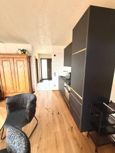 a living room with a chair and a kitchen at Wohnen am Südhang in Amberg