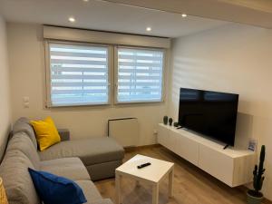 a living room with a couch and a flat screen tv at Cottage des Lacs in Puttelange-aux-Lacs