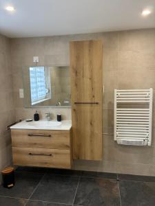 a bathroom with a sink and a mirror at Cottage des Lacs in Puttelange-aux-Lacs +47 photos