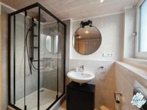 a bathroom with a shower and a sink and a mirror at Aviva SEEPANORAMA - Großzügige 85m Wohnung mit Bodenseeblick in Bodman-Ludwigshafen +11 photos