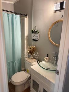 a bathroom with a toilet and a sink and a mirror at 3 bedroom River cabin retreat ! in Terre Haute +23 photos