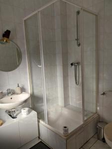 a bathroom with a shower and a sink at Pension-Auszeit in Giesen