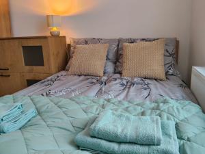 a bed with two pillows on top of it at Pod Dzikowcem in Boguszów-Gorce
