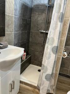 a bathroom with a shower curtain and a sink at Le Cocon étoilé in Métabief