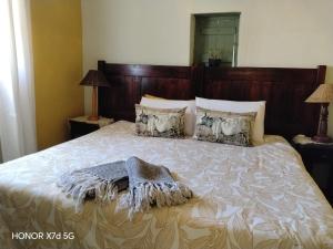 a bedroom with a large bed with a wooden headboard at The Anvil Rest Cottage in Calitzdorp +32 photos