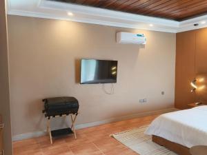 a bedroom with a bed and a flat screen tv on the wall at Capri Hills in Mwanza