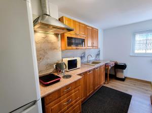 a kitchen with wooden cabinets and a microwave at Agrokrysia in Krosʼtsenko