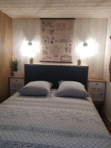 a bedroom with a large bed with two pillows at Le Riolet in Marsac-en-Livradois