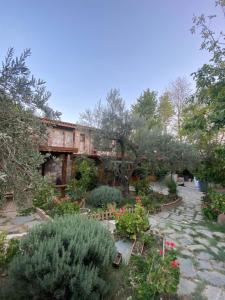 a garden with flowers and plants in front of a building at Pavelin yeri in Altınoluk