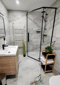 a bathroom with a shower and a sink at Agrokrysia in Krosʼtsenko +33 photos