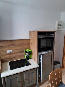 a kitchen with a stove top oven next to a microwave at Ferienhaus Boddensicht in Breege