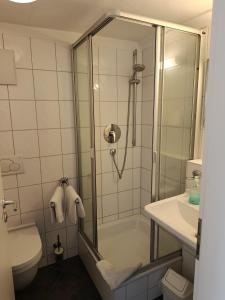 a bathroom with a shower and a toilet and a sink at Pension Webstuhl in Deizisau