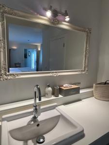 a bathroom with a sink and a large mirror at BelleVie Apartment, Eijsden-Maastricht in Eijsden