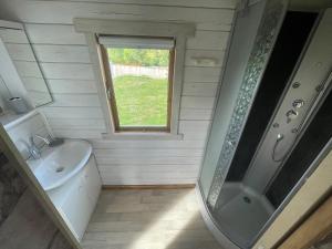 a small bathroom with a shower and a sink at Chalet LALi in Saint-Étienne-de-Fontbellon +6 photos