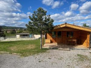 a small wooden cabin with a tree in front of it at Chalet LALi in Saint-Étienne-de-Fontbellon