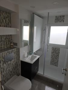 a bathroom with a toilet and a shower and a sink at Sebol in Immendingen +1 photo