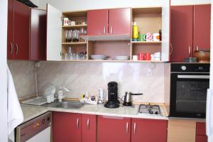 a kitchen with red cabinets and a sink at House Stoevi in Negotino +7 photos