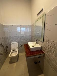 a bathroom with a sink and a toilet and a mirror at Zaltak Guest House and Hostel in Leh