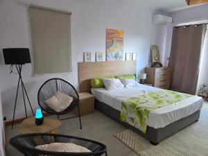 a bedroom with a bed and a chair at Skyra Villa in Mahébourg
