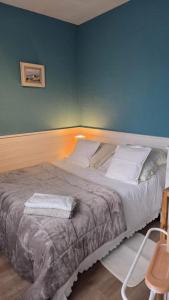 a bedroom with a large bed with a blue wall at Petit Gîte à la campagne in Brains-sur-Gée