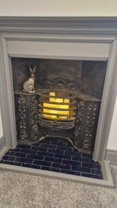 a fireplace with a cat sitting on a shelf with cheese at The Geo Apartment in Montrose +2 photos