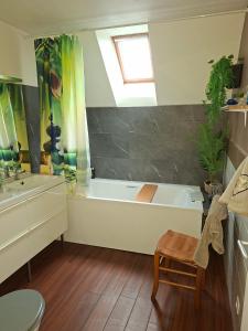 a bathroom with a white bath tub and a sink at Chez Mimi et Mimine in Lons-le-Saunier