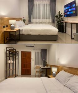 two pictures of a bedroom with a bed and a desk at B House Phuket in Chalong