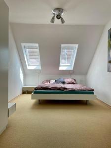 a bedroom with a bed with two windows at Ferienwohnung Dümmerling in Hüde in Hüde