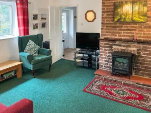 a living room with a fireplace and a chair and a television at The Cottage in Gosforth