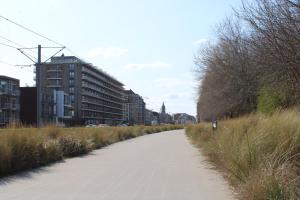 a dirt road with tall grass and buildings at Studio Avondzon in Blankenberge