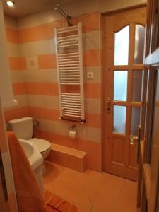 a bathroom with a toilet and a window at Nelly Apartman in Gheorgheni