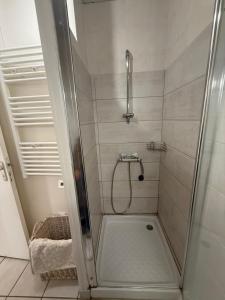 a shower with a glass door in a bathroom at gite de Sauviat 25 chemin du grand Pacher le bourg de Sauviat 63120 in Sauviat +42 photos