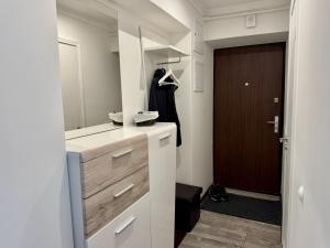 a bathroom with a vanity with a sink and a mirror at Fine Apartment in Jelgava +20 photos