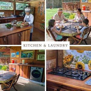 a collage of four pictures of a kitchen and laundry at Hotel Excelsum Tayrona in Calabazo