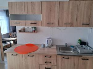 a kitchen with wooden cabinets and a sink at Przystań nad Dłubnią in Wysocice