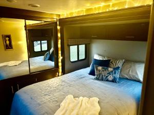 a bedroom with a large bed and a mirror at Jennys creekside bliss in Otto